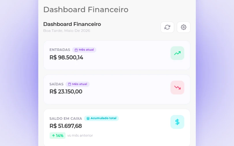Relatórios financeiros do Veltacar mostrando entradas e saídas